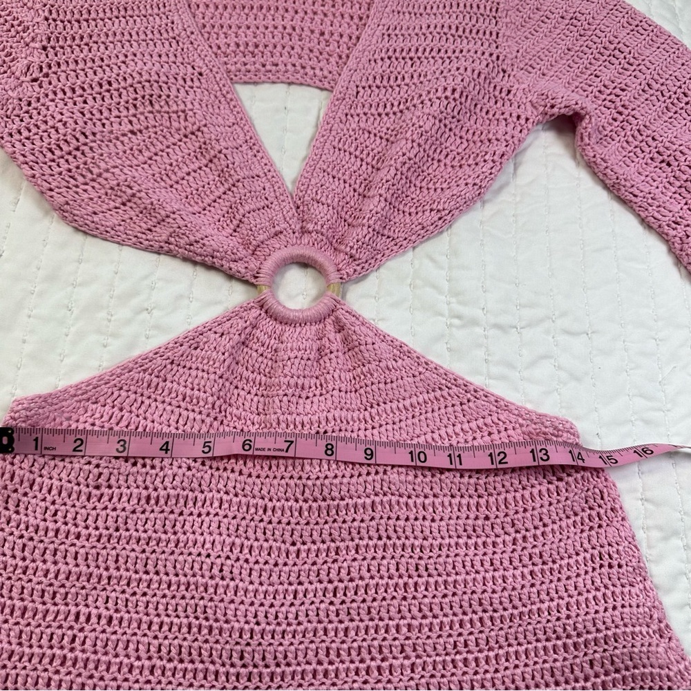Beginning Boutique Long Sleeves Drawstrings Cut Out Pink Crochet Mini Dress - Picture 5 of 16